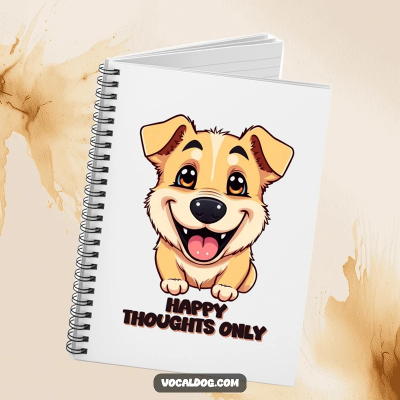 Funny notebook featuring a dog’s wide, happy grin and bright eyes, perfect for jotting down ideas and happy musings.
