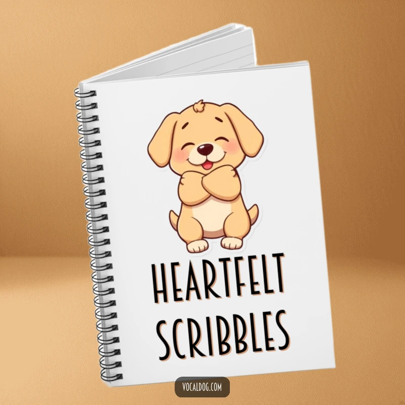 Funny notebook cover with an illustration of a dog character giving a big, warm, enveloping hug.