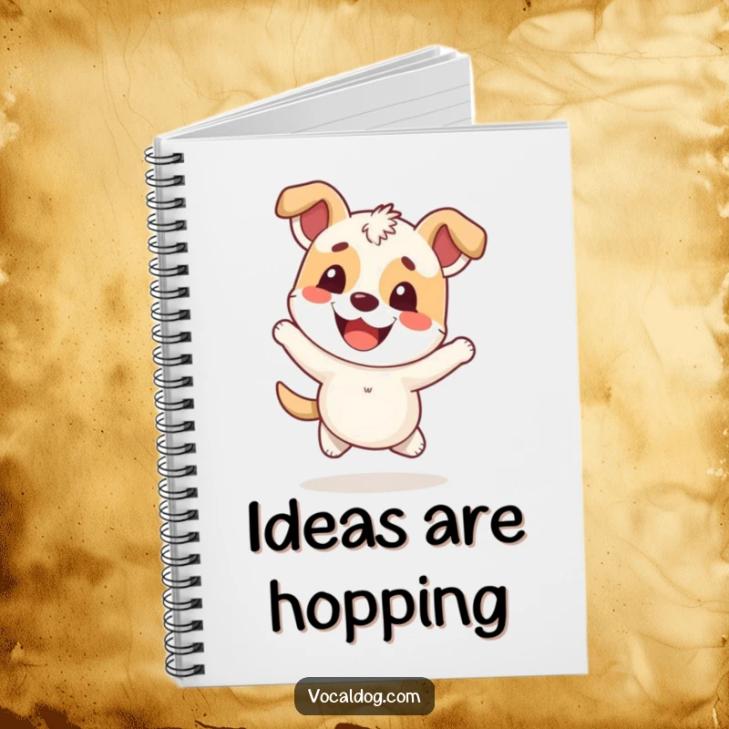 Funny Notebook with a happy dog character hopping, showing an overwhelmingly cheerful and excited expression.