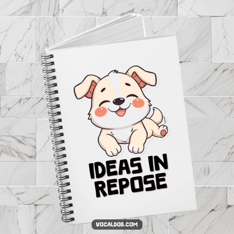 Funny Notebook with a dog character stretching languidly with a blissful smile, designed for relaxed thoughts.