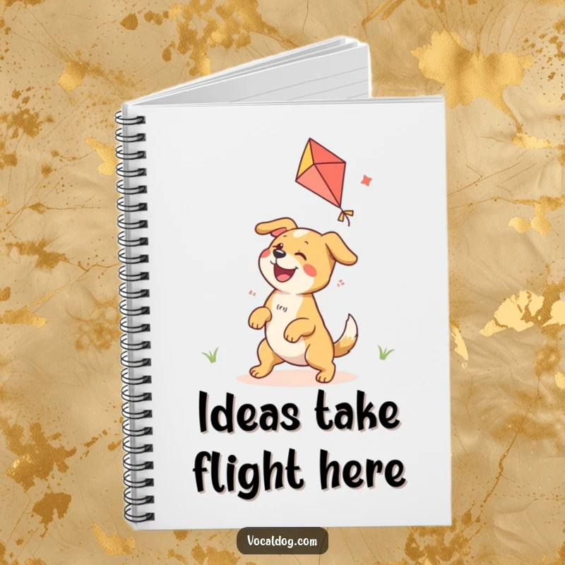 Funny Notebook adorned with an ecstatic dog character joyfully playing with a vibrant kite, inspiring happy note-taking.