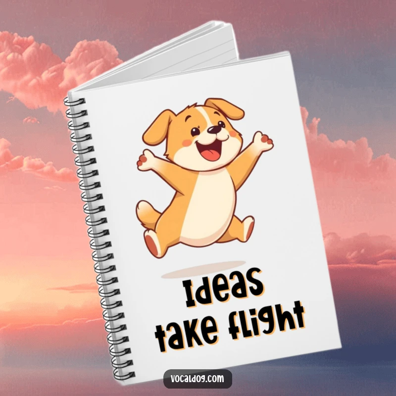Funny notebook cover with a dynamic illustration of a dog character leaping high in the air with pure excitement.