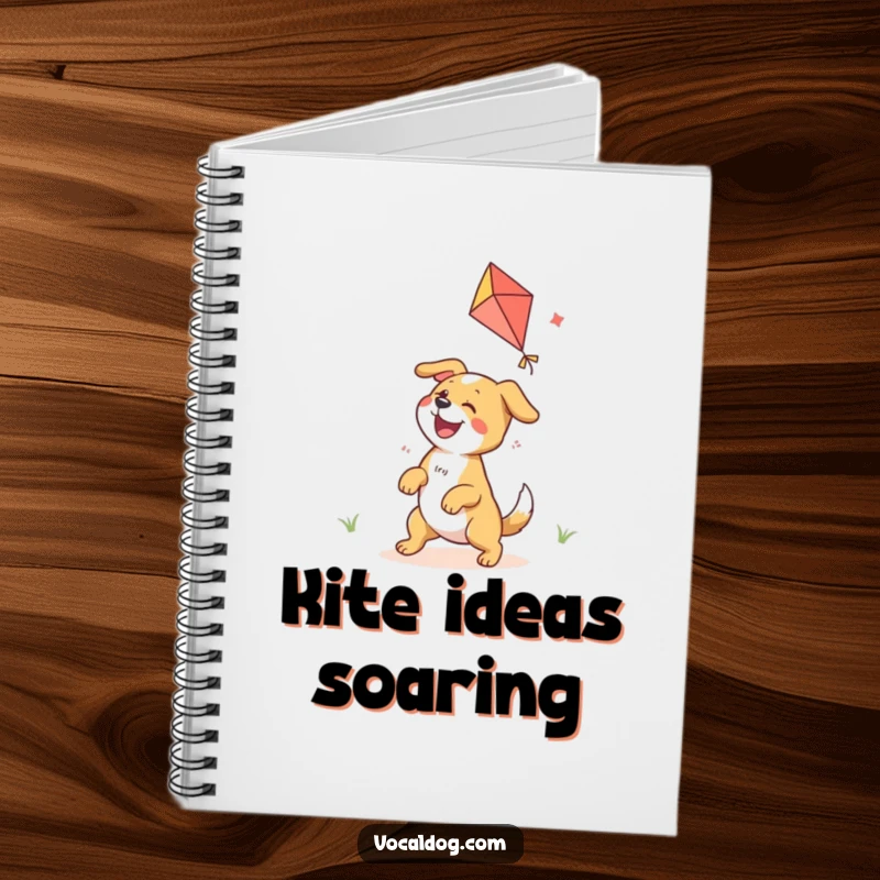 Funny notebook featuring a dog character joyfully playing with a colorful kite, perfect for noting adventures.