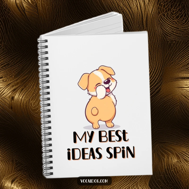 Funny notebook cover illustrating a dog's tail blurred in a happy, circular motion, representing energetic enthusiasm.