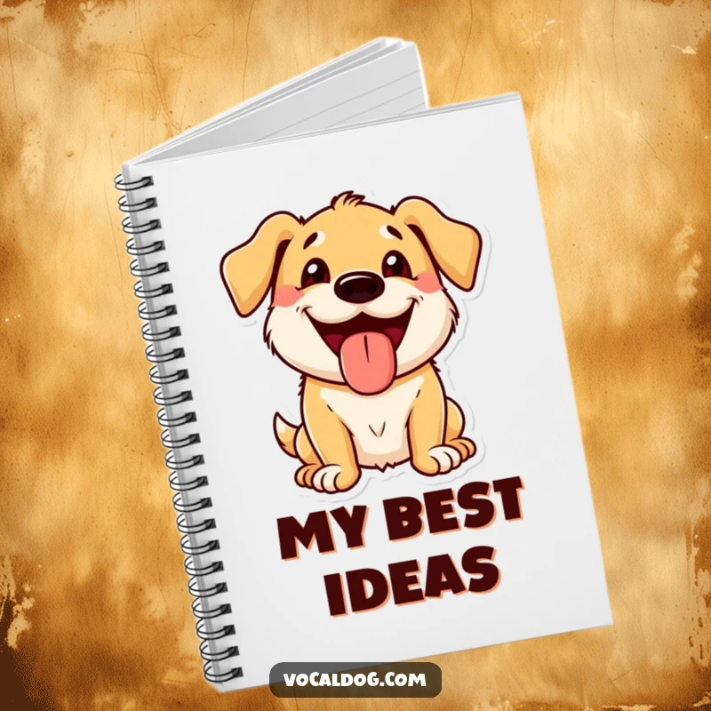 Funny Notebook with a dog character, wide grin, and tongue out, perfect for notes and playful ideas.