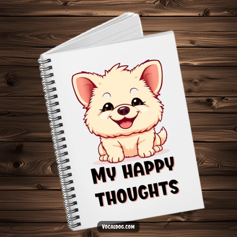 Funny fluffy dog notebook, a dog with comically large ears and a wide, happy smile, inspiring users to fill it with joyful thoughts.