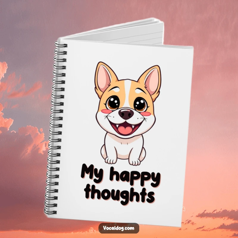 Funny notebook cover with a dog sporting sparkling eyes and a wide grin, inspiring humorous notes and happy thoughts.