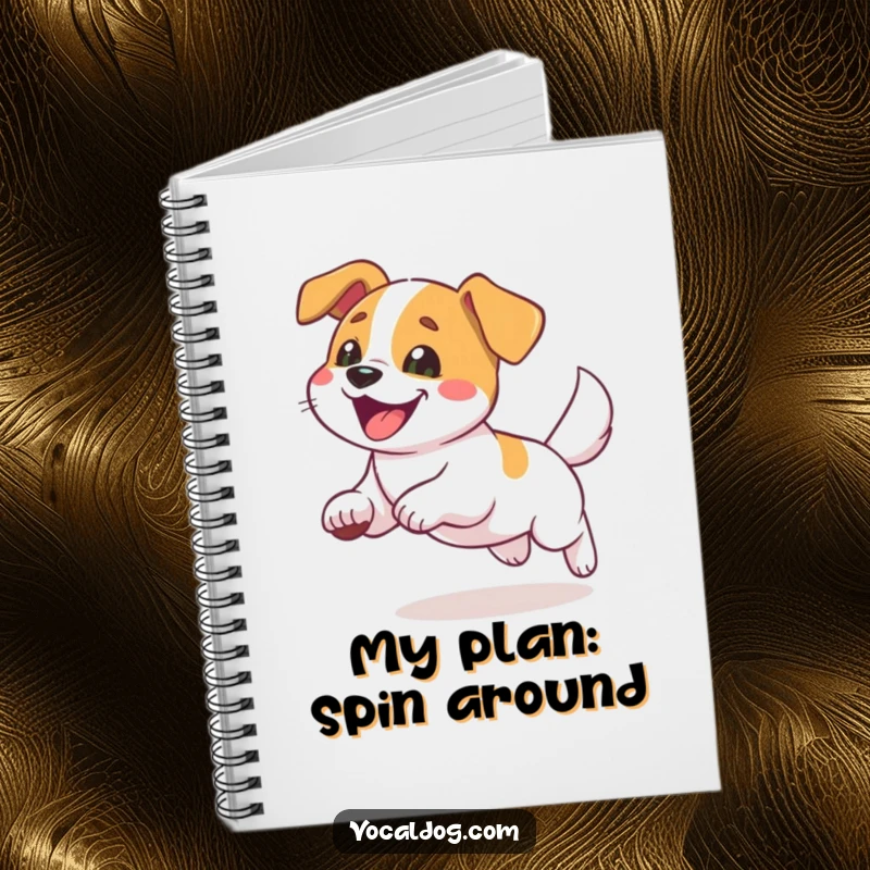Funny notebook cover illustrating a dog’s absolute delight while chasing its tail, perfect for creative minds.