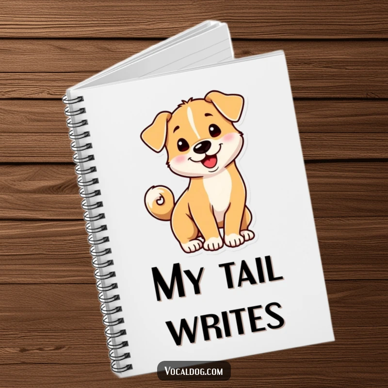 Funny dog notebook with a playful dog whose tail is curled into a happy spiral, ready for fun notes.