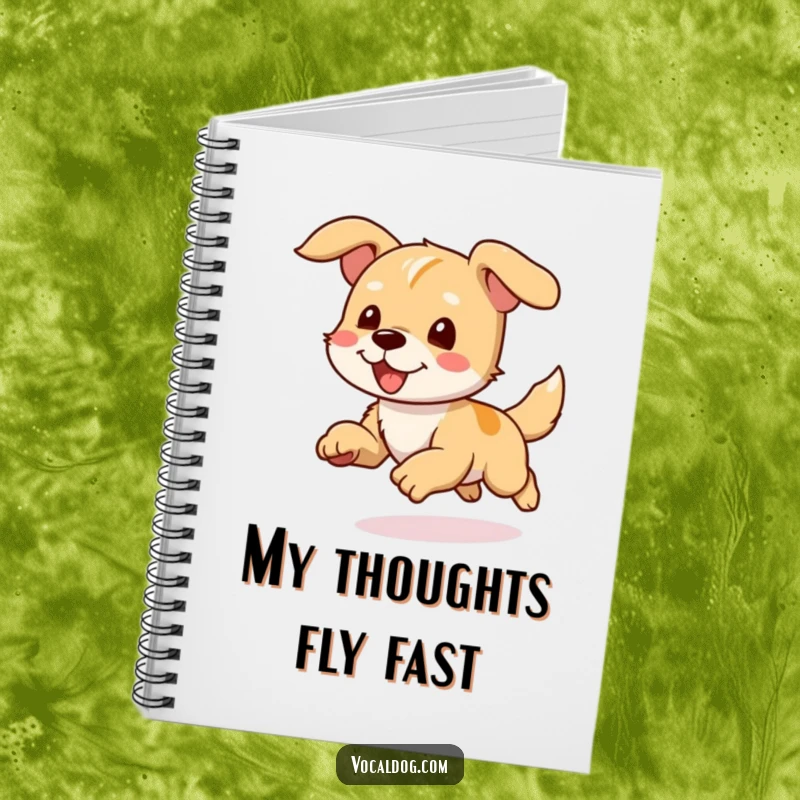 Funny Notebook featuring a dog character running with ears flapping, inspiring fast and fun note-taking.