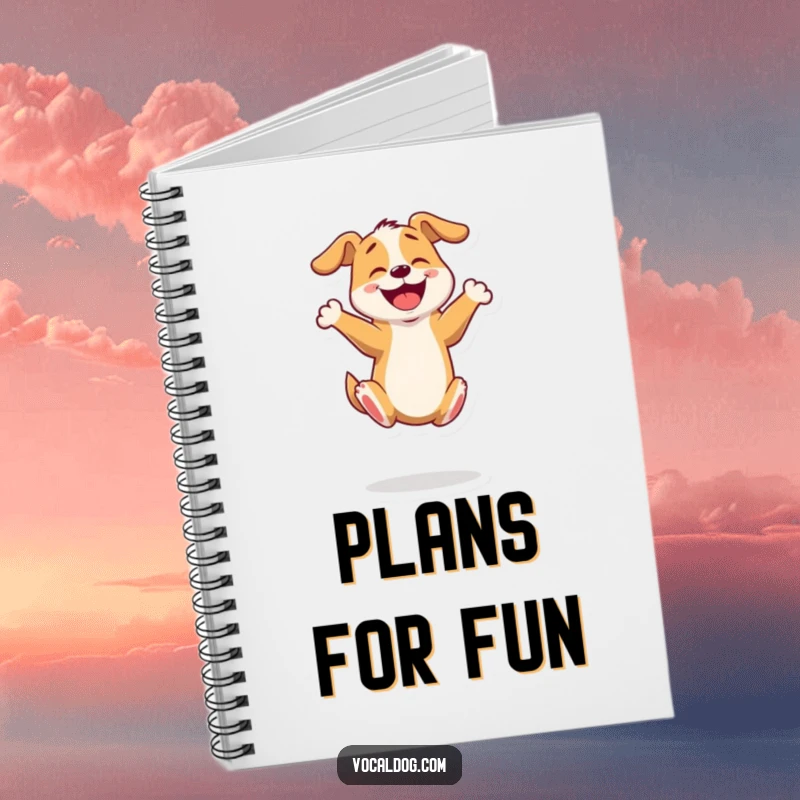 Funny notebook with an energetic dog character bouncing on its hind legs, perfect for jotting down ideas or plans.