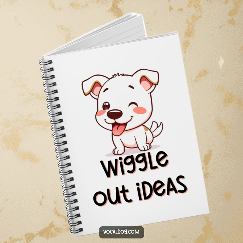 Funny notebook featuring a dog character in a joyful wiggle, perfect for jotting down thoughts with a smile.