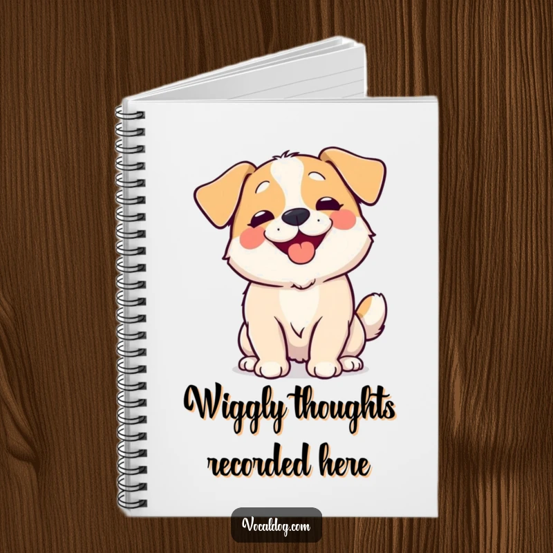 Funny Notebook cover depicting a dog wiggling its entire body with overwhelming happiness, inspiring humor and joyful thoughts.