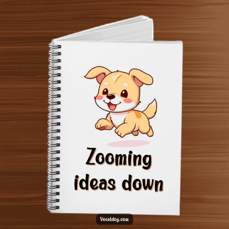 Funny notebook featuring a dog character running with ears flapping joyfully, perfect for noting down adventures.