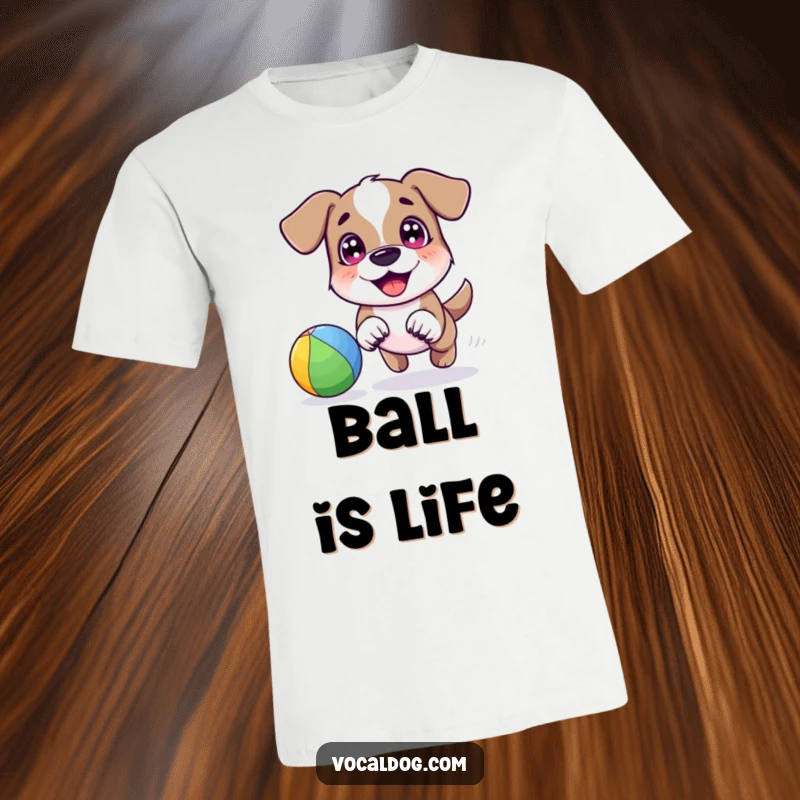 A happy dog character joyfully chasing a bright rainbow-colored ball with wide, excited eyes on this energetic t-shirt.