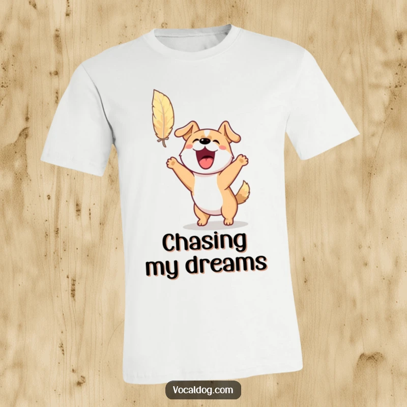 Funny t-shirt featuring an excited dog barking and jumping enthusiastically to catch a floating feather, capturing pure delight.