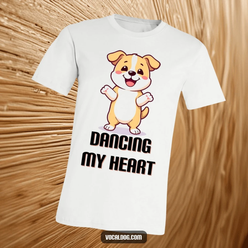 Funny happy dance dog t-shirt showing a dog energetically dancing with front paws raised, exuding pure happiness and fun. Great funny gift.