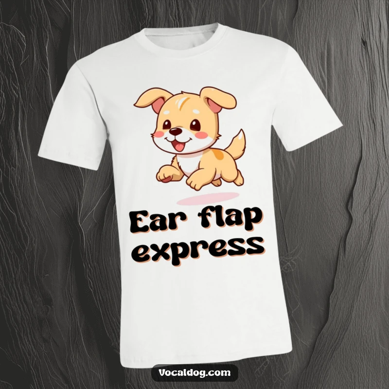 Funny t-shirt featuring a dog character joyfully running with its ears flapping wildly in the wind.