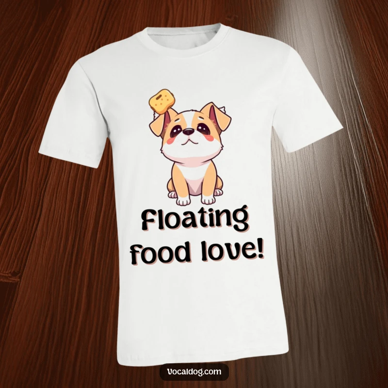 Funny dog t-shirt showcasing a dog gazing upwards with pure adoration at a floating treat, symbolizing desire.