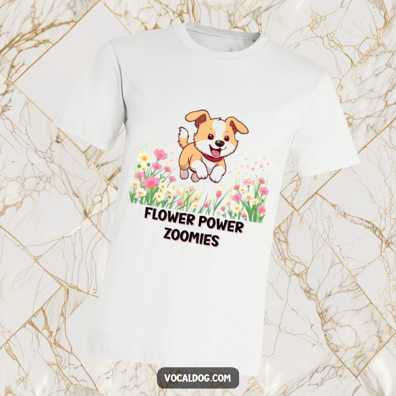 Funny t-shirt featuring a dog joyfully bounding through a colorful flower field, embodying freedom and pure delight.