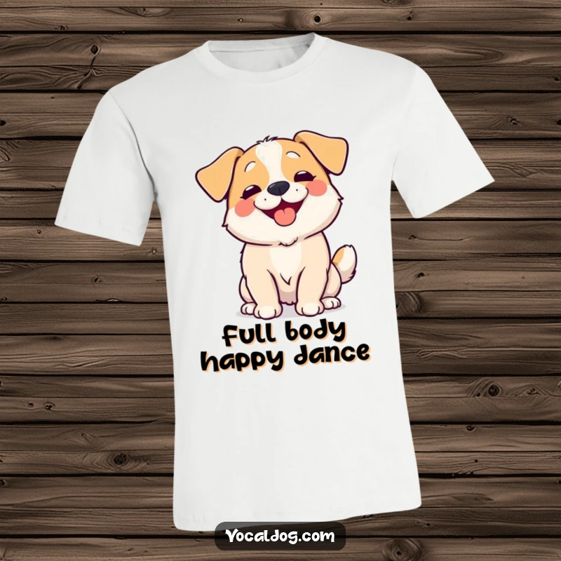Funny T-Shirt depicting a dog wiggling its entire body with unrestrained happiness, a humorous illustration of pure canine bliss.