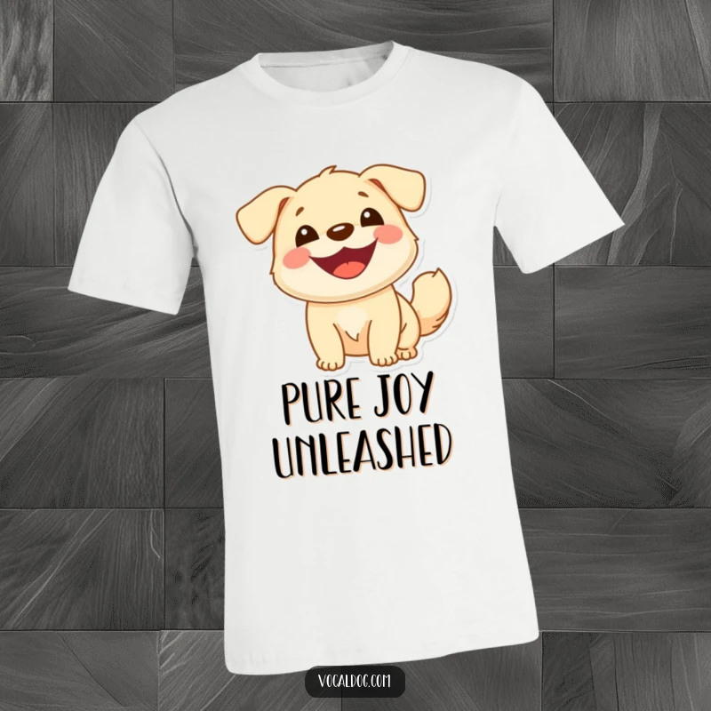 Funny t-shirt graphic of a cheerful dog with a wide smile and a bouncy tail, full of infectious happiness, perfect present.