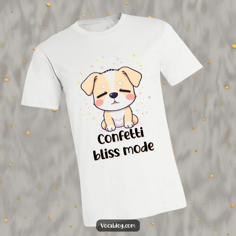 Funny t-shirt with a dog joyfully basking in a sparkling confetti shower with eyes closed, perfect for celebrations.