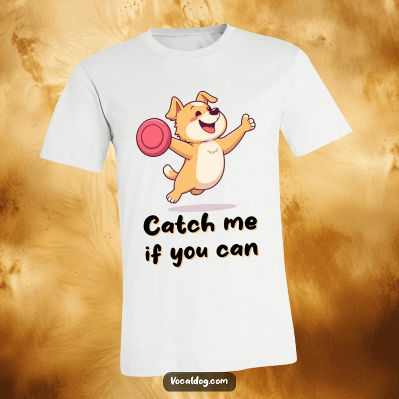 Funny t-shirt showcasing an athletic dog joyfully leaping high to catch a frisbee in mid-flight, capturing pure canine athleticism and happiness.