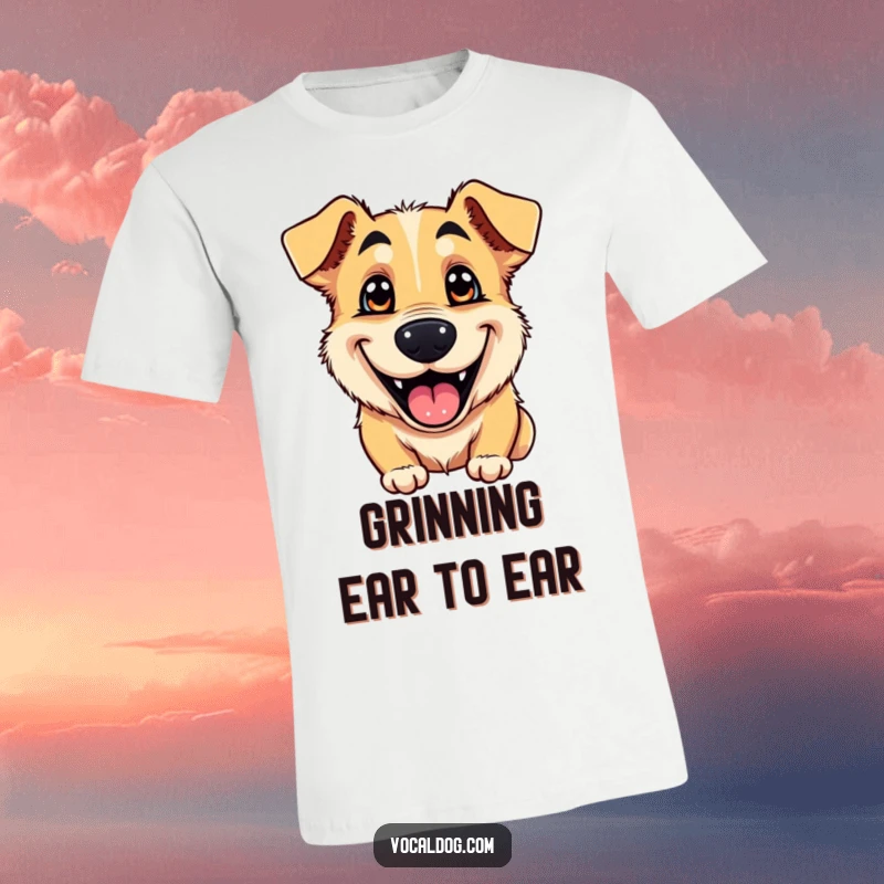 Funny t-shirt featuring a dog’s beaming goofy grin and bright, shiny eyes, symbolizing boundless energy and unconditional love.