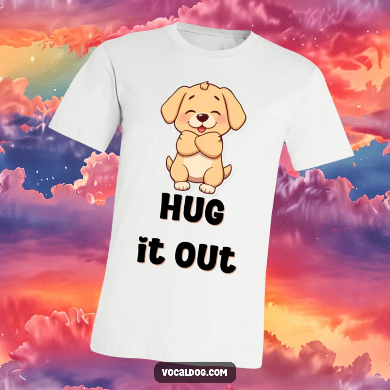 Funny t-shirt graphic of a dog character offering a big, warm, encompassing hug with its arms.