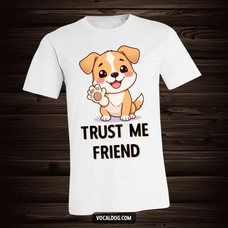 Funny T-Shirt depicting a dog with a beaming, happy expression, offering its paw for a friendly high five.