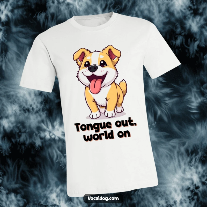Funny dog t-shirt featuring an ecstatic dog with its tongue lolling out after a vigorous and happy run.
