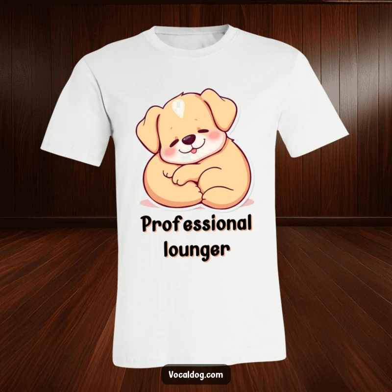 Funny T-Shirt with a dog curled up, exhaling a blissful, content sigh, showcasing ultimate comfort and peace.