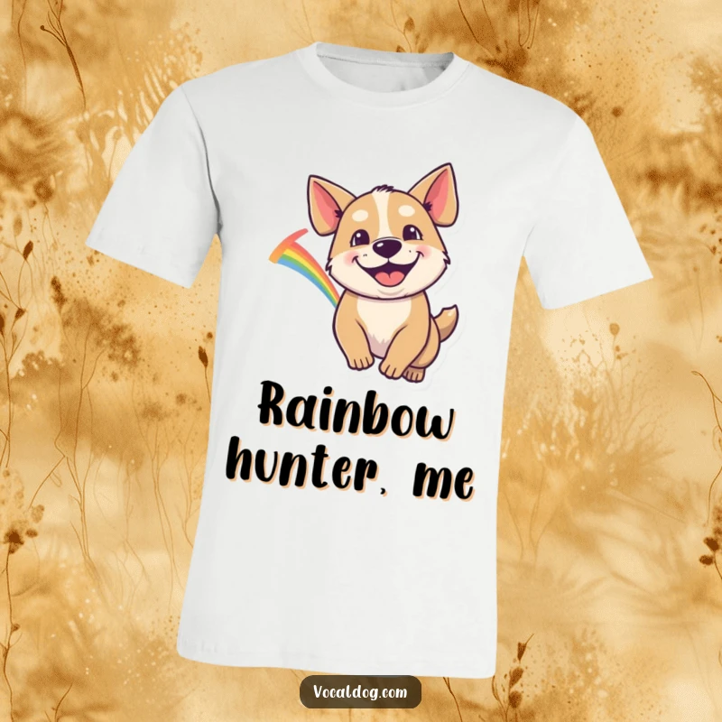 Funny T-Shirt of a dog with a wide, goofy grin, enthusiastically chasing a colorful rainbow with pure delight.