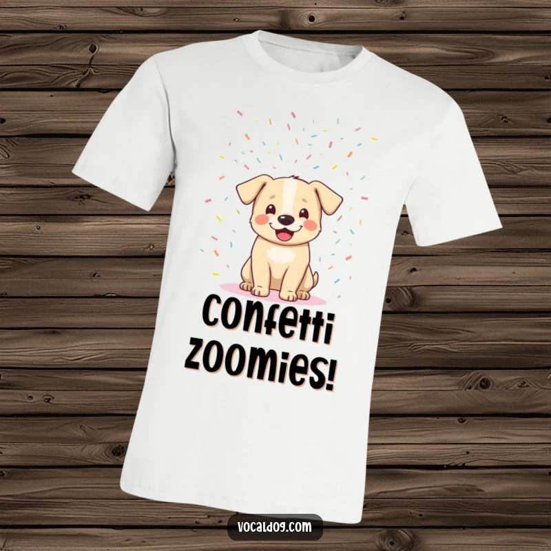 Funny ecstatic dog party t-shirt showing a joyful dog amidst a shower of confetti, radiating pure happiness and fun. Great funny gift.