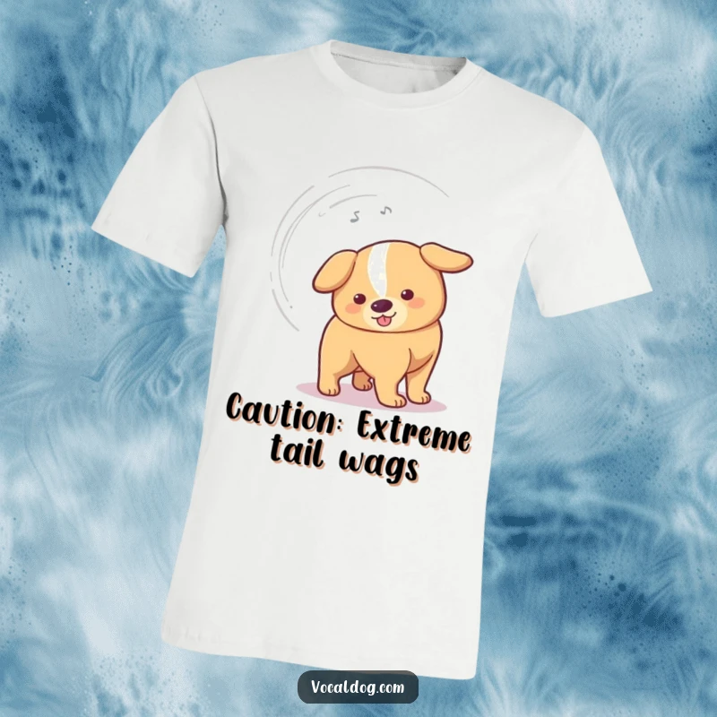 Funny T-Shirt featuring a dog whose tail wags so fast it creates a comical vortex, symbolizing immense joy and energy.