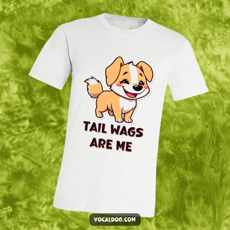 Funny t-shirt featuring a dog character with a massive goofy grin and a tail a blur of motion, pure excitement.
