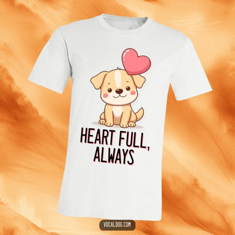 Funny heart dog t-shirt showing a dog with a prominent heart floating above, expressing immense love and adoration. Great funny gift.