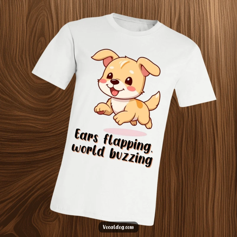 Funny T-Shirt featuring a dog character running at full speed, ears flapping wildly, embodying pure exhilaration.