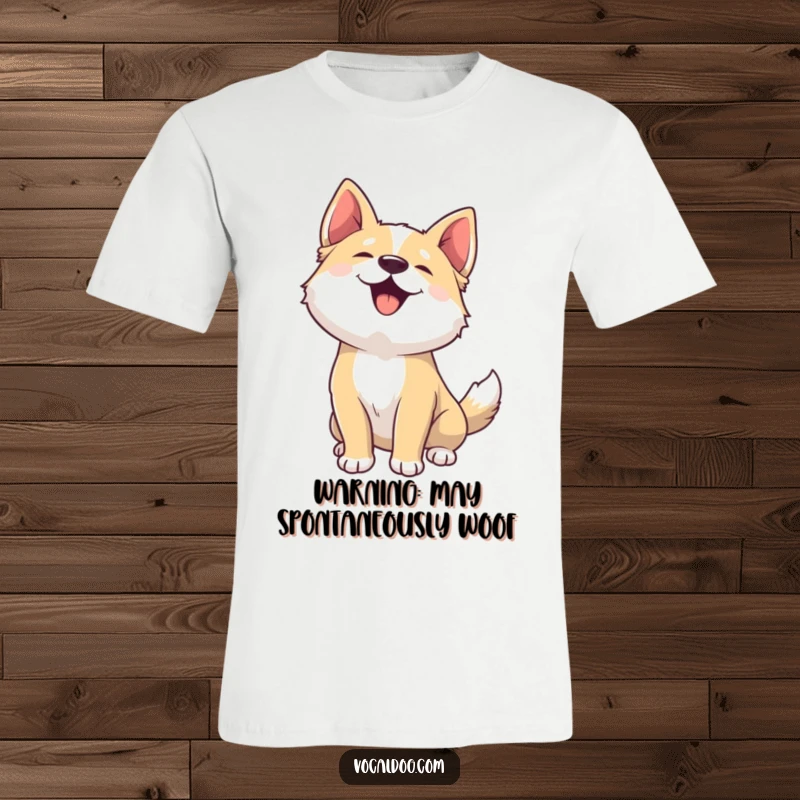 Funny dog t-shirt showing a happy dog head thrown back, mid-joyful woof, expressing ultimate canine delight and humor.
