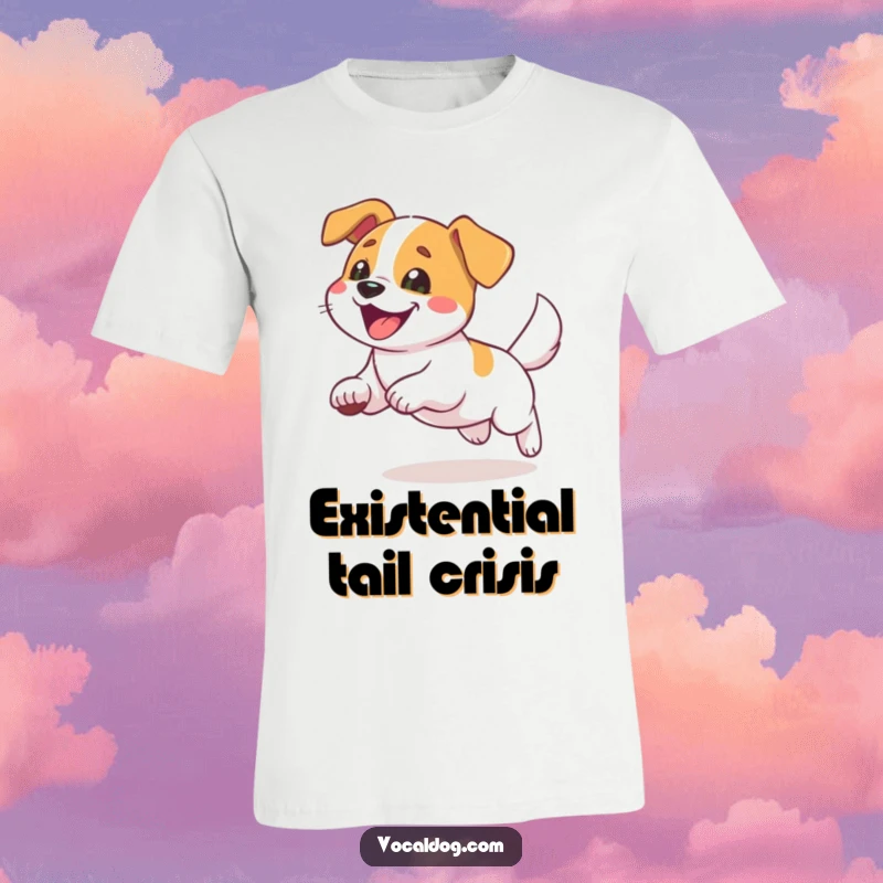 Funny t-shirt of a dog in mid-tail chase, looking utterly delighted and hilariously engrossed in the pursuit.