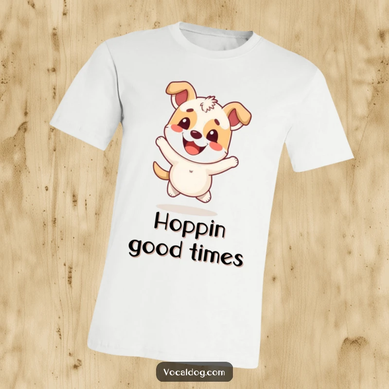 Funny T-Shirt of a happy dog character in a joyful hop, displaying an overwhelmingly cheerful and ecstatic expression.