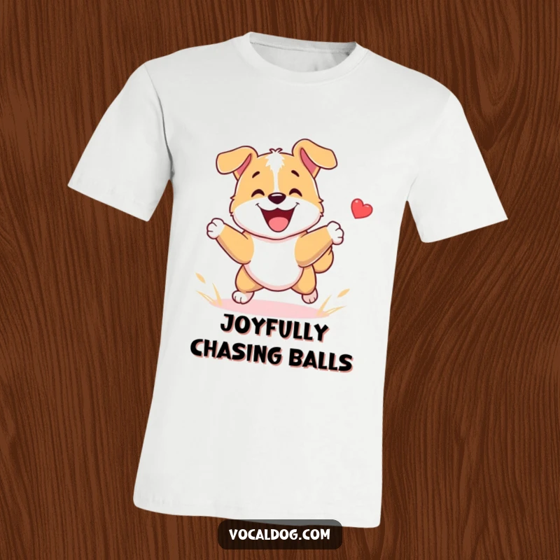 Funny T-Shirt showing a dog character playing fetch with immense happiness, radiating pure joy and playful energy in a humorous design.