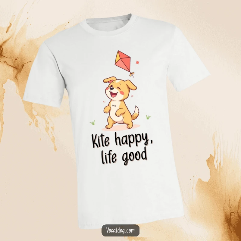Funny T-Shirt with an ecstatic dog character joyfully playing with a bright, colorful kite, ears flapping in the wind.
