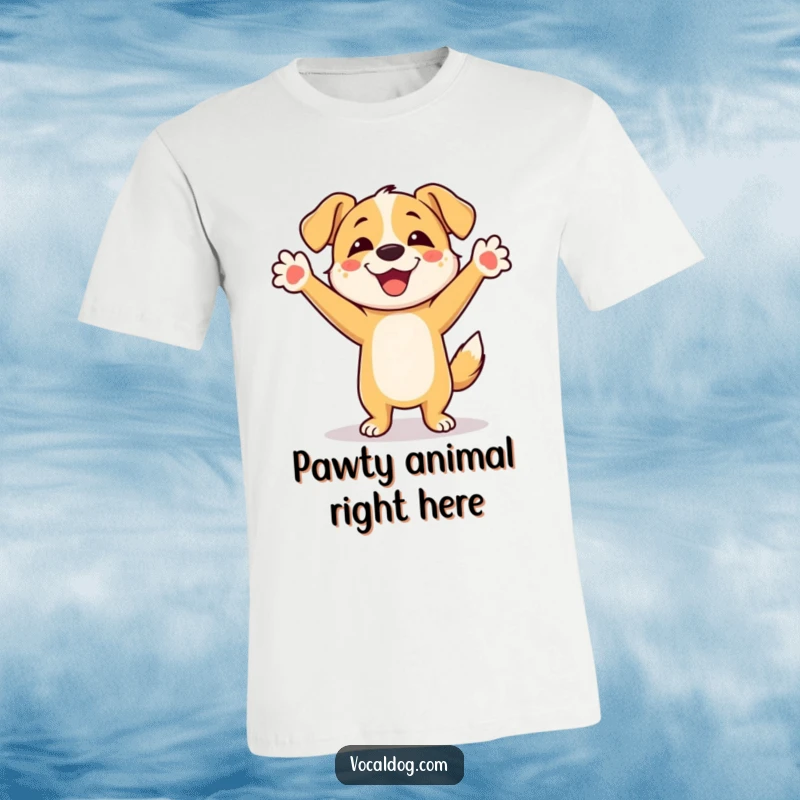 Funny Dog T-Shirt: A cute dog character energetically dancing with its paws up in the air, radiating happiness and fun.