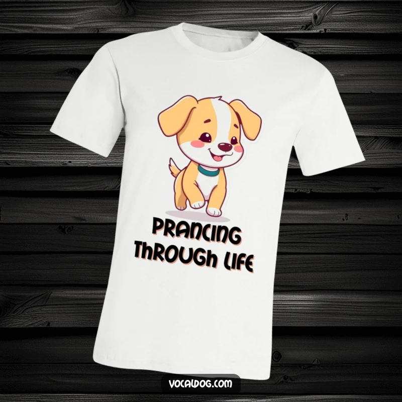 Funny t-shirt featuring a dog character with adorable floppy ears prancing with infectious delight and happiness.