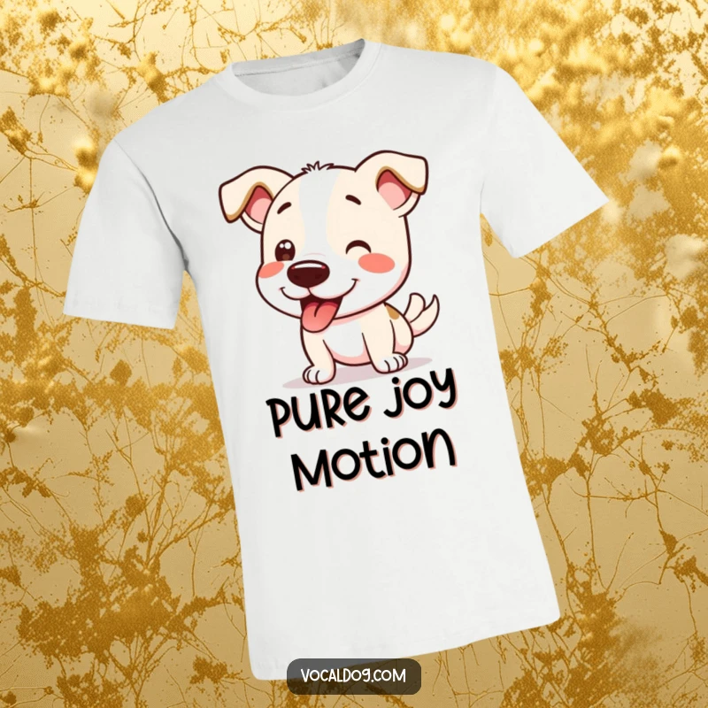 Funny T-Shirt depicting a dog excitedly wiggling from its nose to its tail, full of pure, unbridled joy.