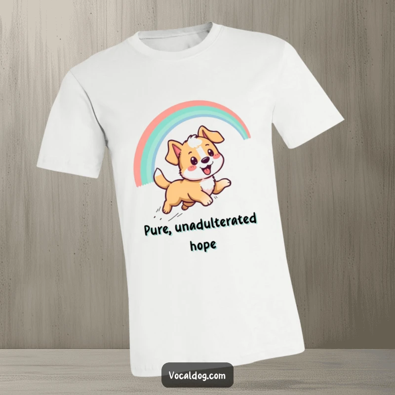 Funny t-shirt featuring a cartoon dog with an ecstatic expression, leaping energetically towards a bright rainbow arc, symbolizing hope and humor.