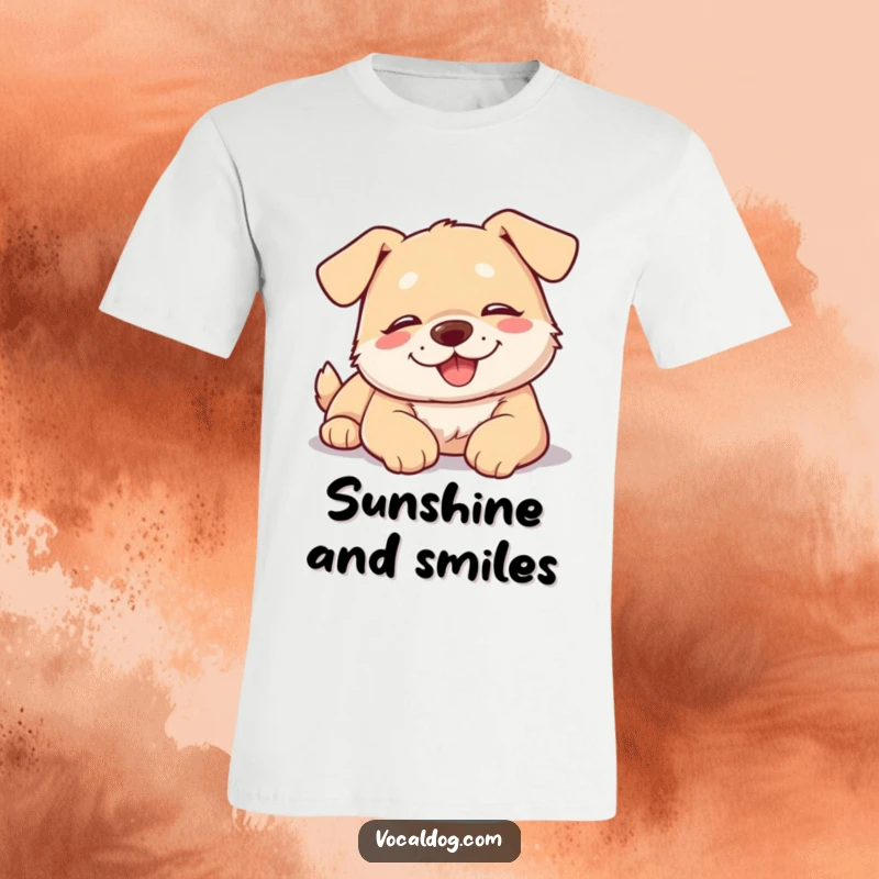 Funny dog t-shirt showing a happy, relaxed dog enjoying a light sunbath with a blissful expression.