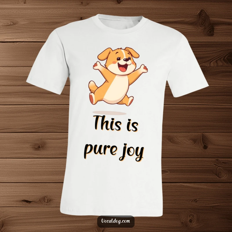 Funny t-shirt graphic of an ecstatic dog character soaring through the air in a joyous, spontaneous leap.
